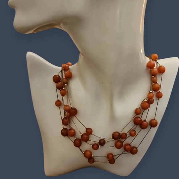 Vintage Jewelry - Vintage Y2k Multi-Strand Dark Blush Agate Beaded Station Necklace